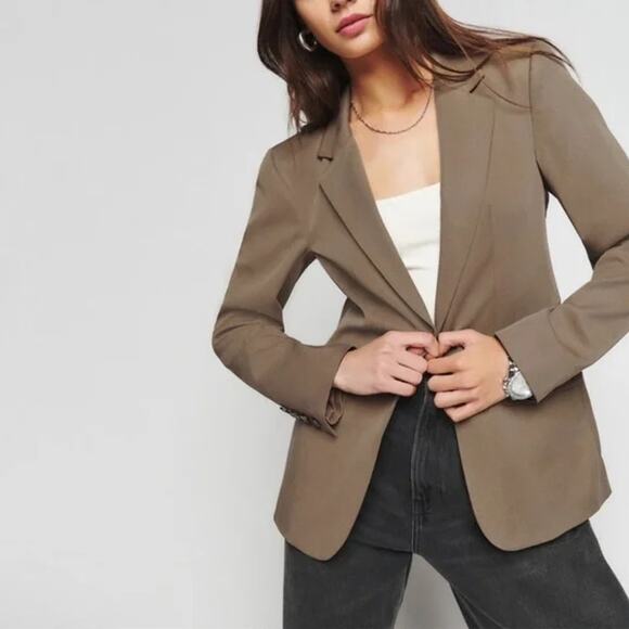 NEW Reformation The Classic Slim Blazer Notch Woven Mushroom Size Large - Picture 3 of 10